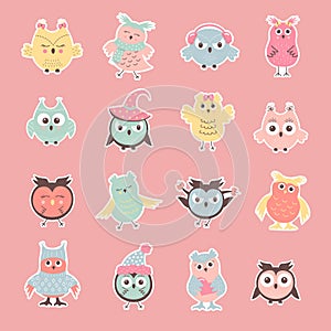 Cute funny owls sticker set. Winter characters in different clothing