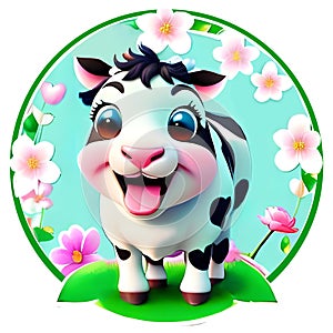 Cute and funny painted cow in cartoon style with flowers. Isolated design element on white background.