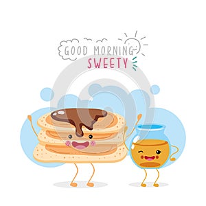 Cute and funny pancakes and honey smiling