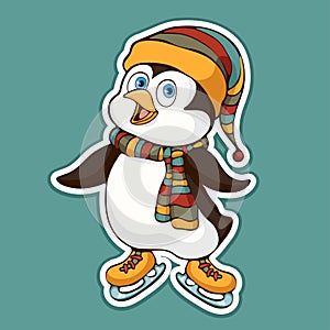 Cute funny penguin in a hat and scarf on skates sticker, design element, colorful hand drawing, cartoon character, vector illustra