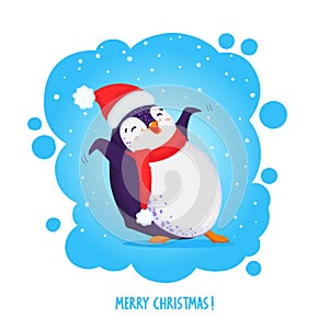 Cute funny penguin in a santa hat and red scarf. Merry Christmas greetings. Vector illustration in cartoon style