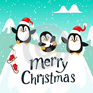 Cute funny penguins in red hats on the ice. Handwriting text, lettering. Christmas. Vector illustration