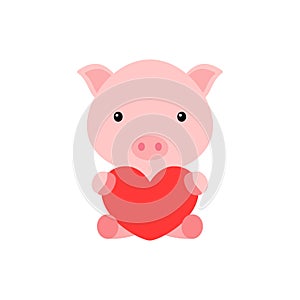 Cute funny pig with heart on white background. Cartoon animal character for congratulation with St. Valentine day, greeting card,