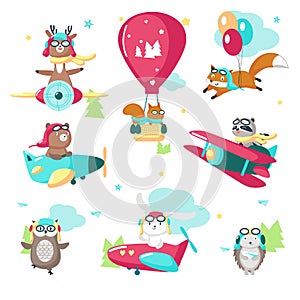 Cute funny pilot animals vector isolated illustration