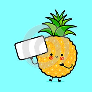 Cute funny pineapple with poster. Vector hand drawn cartoon kawaii character illustration icon. Isolated on blue