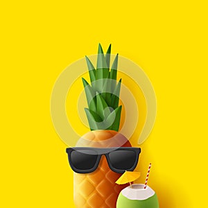 Cute and funny pineapple in sunglasses and coconut cocktail with strae and umbrella, 3d render illustration
