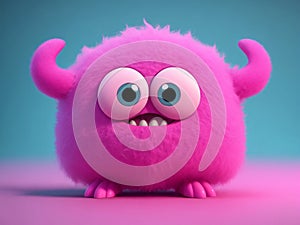 Cute and funny pink furry monster, 3D character