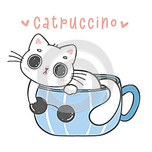 cute funny playful kitten cat in coffee cup, catpuccino, cartoon animal doodle hand drawing