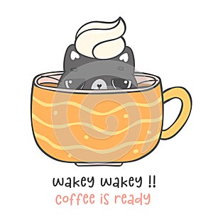 cute funny playful kitten cat in coffee cup, wakey wakey, coffee is ready, cartoon animal doodle hand drawing photo