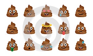Cute funny poop set. Emotional shit icons. Happy emoji, emoticons