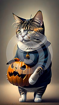 Cute and funny portrait from a cat wearing a jacket and holding a Halloween pumpkin