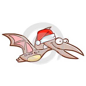 Cute and funny pteranodon wearing Santa`s hat in doodle