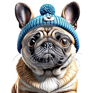 Cute funny pug dog in a blue hat with a pompom