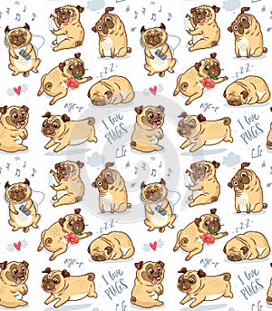 Cute funny pug pupies seamless pattern background