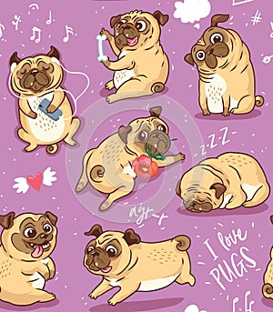 Cute funny pug pupies seamless pattern background