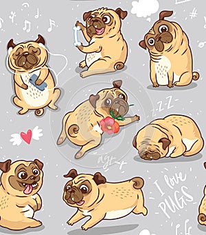 Cute funny pug pupies seamless pattern background