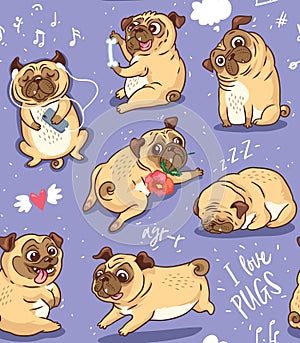 Cute funny pug pupies seamless pattern background