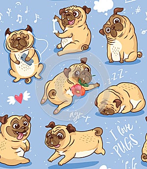 Cute funny pug pupies seamless pattern background