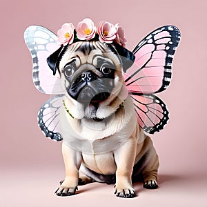 Cute funny pug puppy with a wreath of pink flowers on his head and butterfly