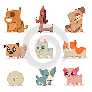 Cute funny puppies, dog vector cartoon set