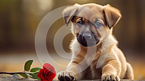 cute funny puppy with red rose outdoors