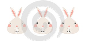 Cute funny rabbit faces illustrations set.