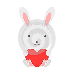 Cute funny rabbit with heart on white background. Cartoon animal character for congratulation with St. Valentine day, greeting