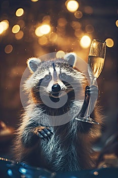 Cute funny raccoon with a glass of champagne celebrating the new year. Cozy Christmas lights in the background. Holiday