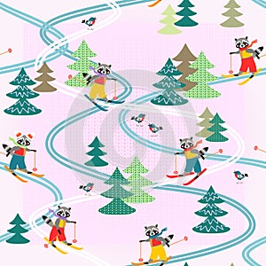 Cute funny raccoons on skiing in morning forest. Winter seamless