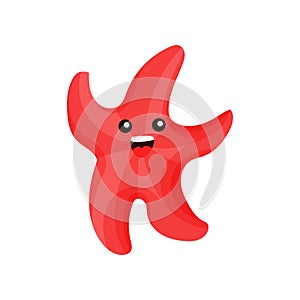 Cute funny red cartoon starfish character, invertebrate sea animal cartoon vector Illustration