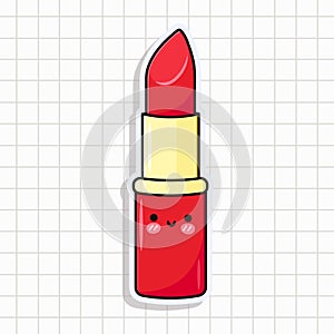 Cute funny Red lipstick sticker. Vector hand drawn cartoon kawaii character illustration icon. Isolated on background
