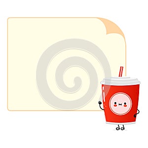 Cute funny red plastic cup cold drink cola and straw character speech bubble. Vector hand drawn cartoon kawaii character