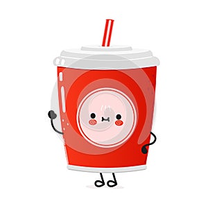 Cute funny red plastic cup cold drink cola and straw character. Vector hand drawn cartoon kawaii character illustration