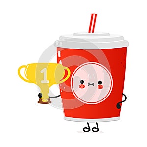 Cute funny red plastic cup cold drink cola straw hold gold trophy cup. Vector hand drawn cartoon kawaii illustration