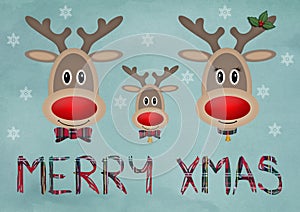 Cute funny reindeer family on blue vintage background with text merry christmas