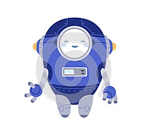 Cute funny robot smiling. Childish bot toy with happy face. Adorable little humanoid cyborg machine. Kids futuristic