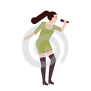 Cute funny rock singer, pop vocalist, songstress or songbird wearing dress and singing in microphone. Female cartoon