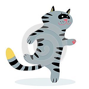 Cute funny running cat. Cartoon feline character.