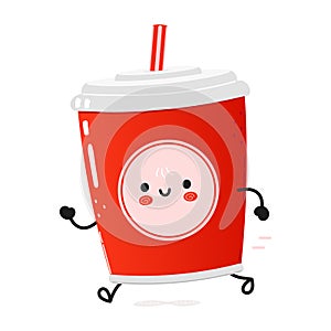 Cute funny running red plastic cup cold drink cola and straw. Vector hand drawn cartoon kawaii character illustration