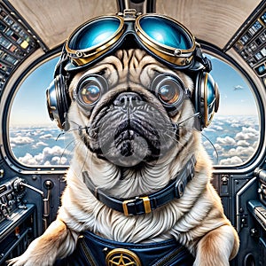 Cute funny sand-colored pug dog air pilot photo