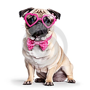 Cute funny sand-colored pug dog wearing heart-shaped glasses and a bow photo