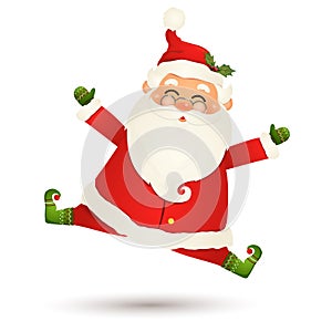 Cute, funny Santa Claus with glasses, feeling excited isolated on white background. Santa Clause jumping, waving his arms for wint