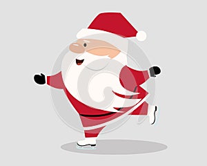 Cute and funny Santa Claus ice skating, cartoon vector illustration isolated on white background. Winter Santa Claus having fun