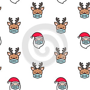 Funny Santa Claus reindeer with face mask seamless pattern