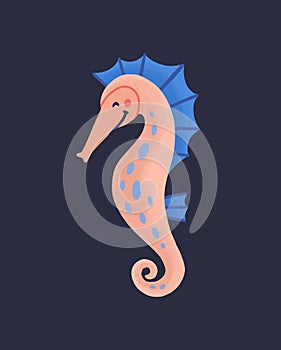 Cute funny seahorse isolated on dark background. Happy marine animal, sea world dweller, adorable underwater creature photo