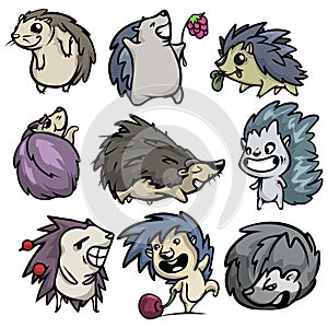 Cute funny set of hedgehog character in different actions