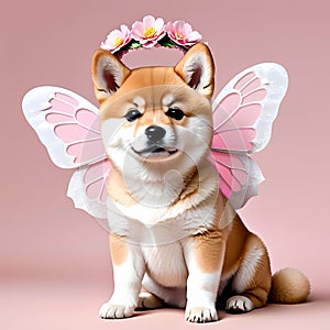 Cute funny Shiba Inu puppy with a wreath of pink flowers on his head and butterfly wings