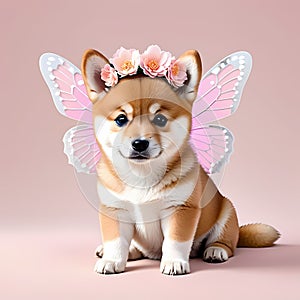 Cute funny Shiba Inu puppy with a wreath of pink flowers on his head d