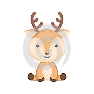Cute funny sitting baby deer isolated on white background. Woodland adorable animal character for design of album, scrapbook, card