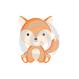 Cute funny sitting baby fox isolated on white background. Woodland adorable animal character for design of album, scrapbook, card